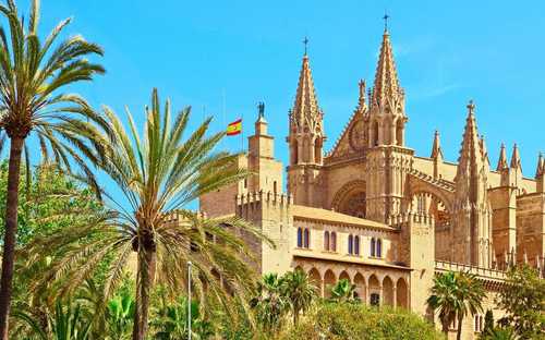 Autobús descapotable frente a la Catedral en Palma